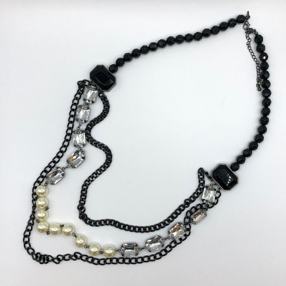 SAO Multi Strand Statement Necklace Black White Clear Fashion Jewelry J720 - Picture 4 of 5